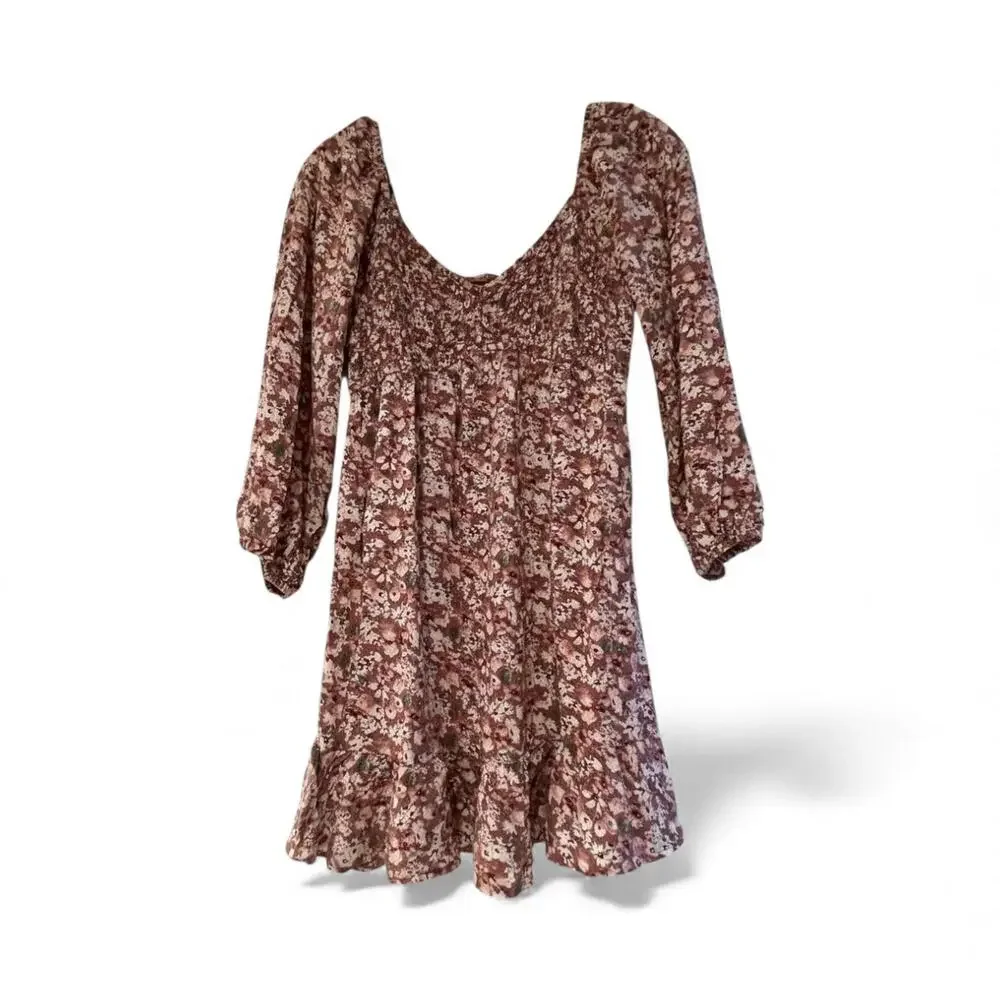 Hollister XS‎ Brown Floral Long Sleeve Dress Boho Peasant Prairie